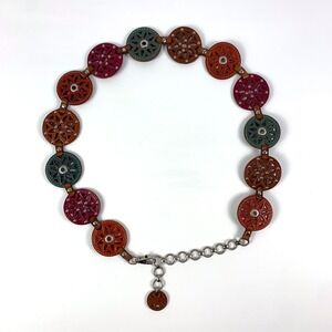 VTG Fossil Leather Medallion Hip Belt Womens Sz S/M Multi Color Turquise Red Brn